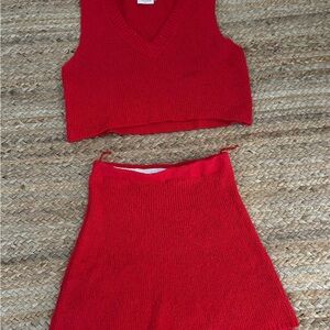 Red Knit Crop Top and Skirt Set